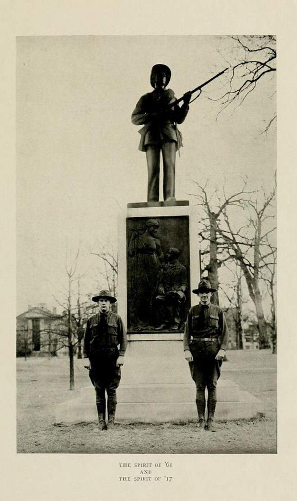 Two men, thought to be members of the Student Army Training Corps, pose in front of the Confederate Memorial in the 1918 Yackety Yack yearbook. The caption reads, “The Spirit of ’61 and the Spirit of ’17.”