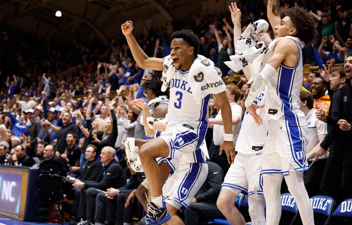 Duke’s Jeremy Roach (3) and the bench celebrate after Spencer Hubbard (55) made a three-pointer during the second half of Duke’s 84-59 victory over Louisville at Cameron Indoor Stadium in Durham, N.C., Wednesday, Feb. 28, 2024.
