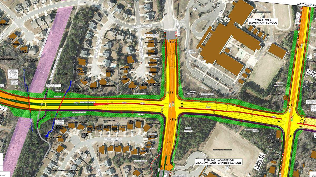 The first phase of the planned Airport Boulevard extension in Morrisville would run from Garden Square Lane, left, across Town Hall Drive to Church Street, right.