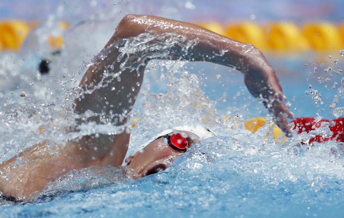 United States’ Ashley Twichell swims in her women’s 1500m heat at the World Swimming Championships in Gwangju, South Korea, Monday, July 22, 2019.(AP Photo/Lee Jin-man)