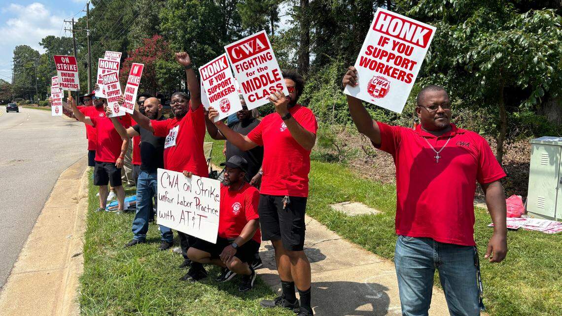 AT&T workers from CWA LOCAL 3611 picket in Morrisville on Aug. 17, 2024. They and thousands of colleagues across the southeastern United States in a strike over what they say is bad faith bargaining efforts from the telecommunications company.