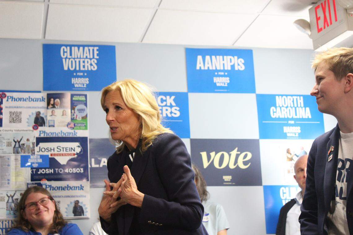 First Lady Jill Biden visits a phone bank for the Kamala Harris presidential campaign in Carrboro, North Carolina, on Nov. 4, 2024.
