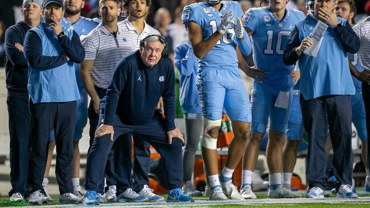 North Carolina coach Mack Brown watches as Noah Burnette misses a 27-yard field goal attempt in the fourth quarter against N.C. State on Friday, November 25, 2022 at Kenan Stadium in Chapel Hill, N.C.