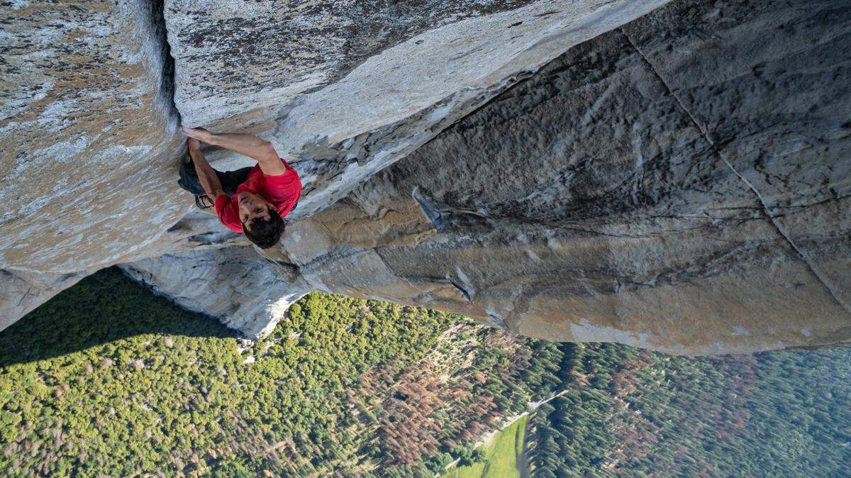 Alex Honnold making the first free solo ascent of El Capitan’s Freerider in Yosemite National Park, as seen in the Oscar-winning documentary “Free Solo.”   