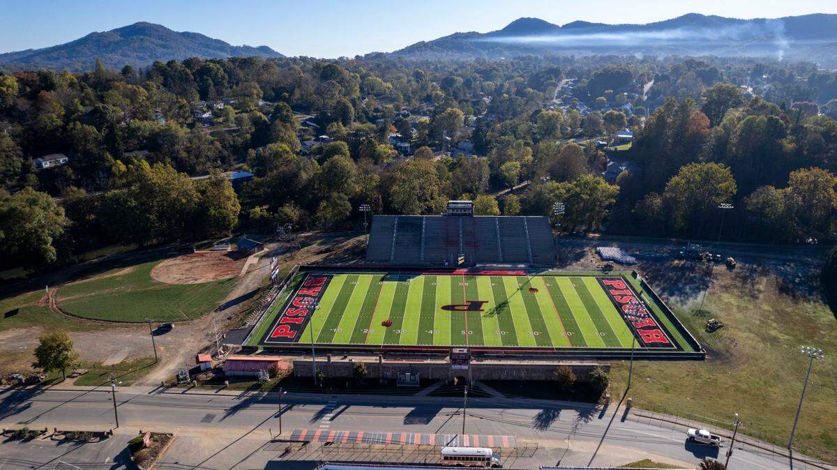 An aerial view of the Pisgah High football field in Canton on Saturday, Oct. 19, 2024. The field was flooded in 2021 by Tropical Storm Fred and again in September 2024 by Tropical Storm Helene.