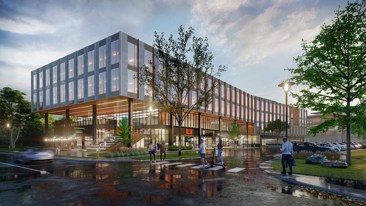 A rendering of a 155,000-square-foot research and development building on Spark LS’s 109-acre campus.