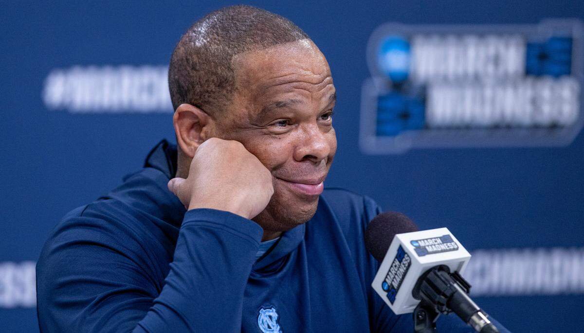 North Carolina coach Hubert Davis fields questions during a media availability for the NCAA Tournament on Wednesday, March 20, 2024 at Spectrum Center in Charlotte,