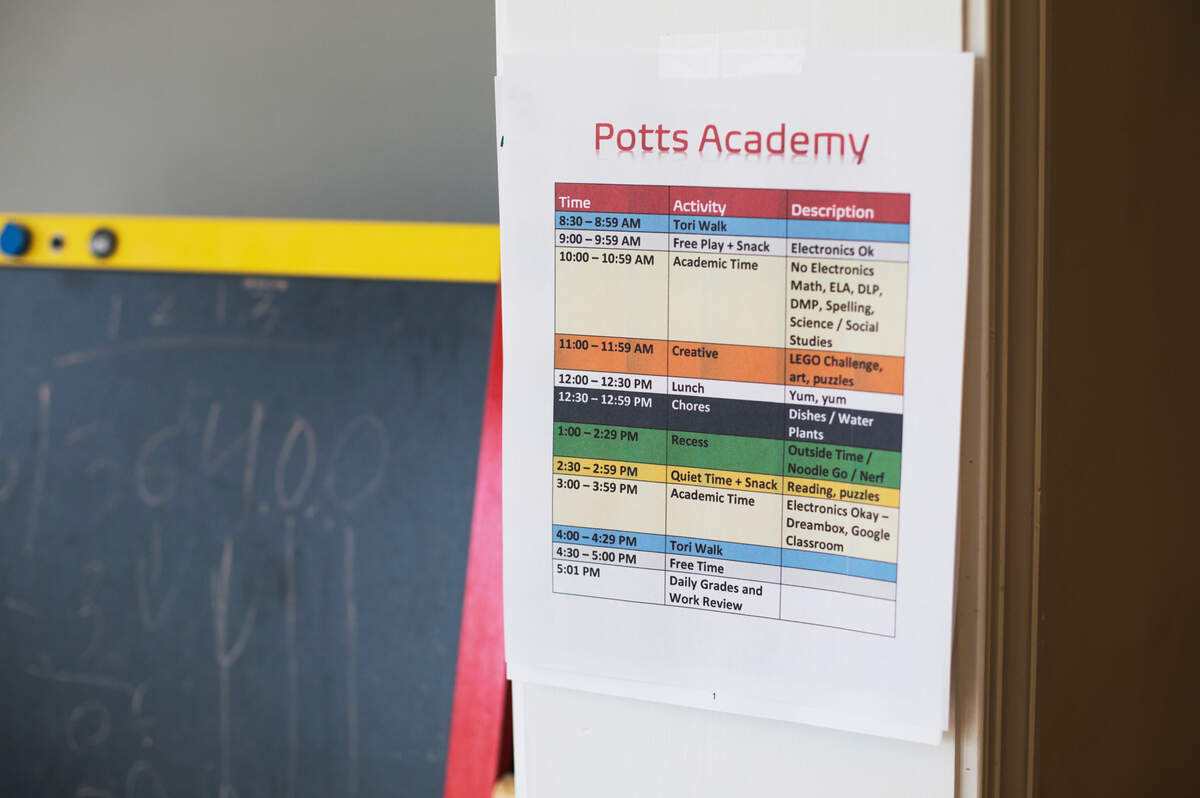 Allison Potts has diligently planned continued learning as far out as she can for her sons Liam, 8, and Alex, 11 while their schools are closed to curb the spread of COVID-19. Their schedule, pictured here on the afternoon of Thursday, March 19, 2020, will continue to adapt as teachers provide curriculum.