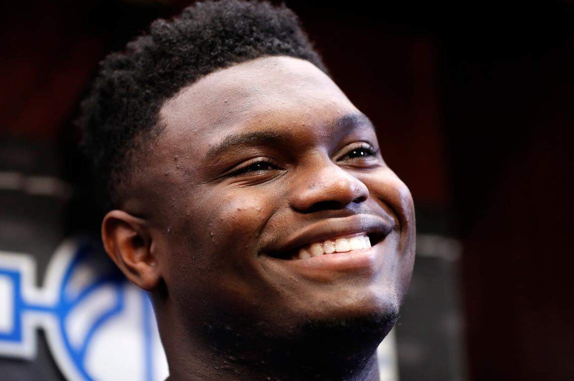 Duke’s Zion Williamson (1) smiles during a media availability in the locker room before Duke’s practice in Washington, D.C., Thursday, March 28, 2019. The Blue Devils will face Virginia Tech in a Sweet 16 game in the Division I NCAA Men’s Basketball Tournament Friday.