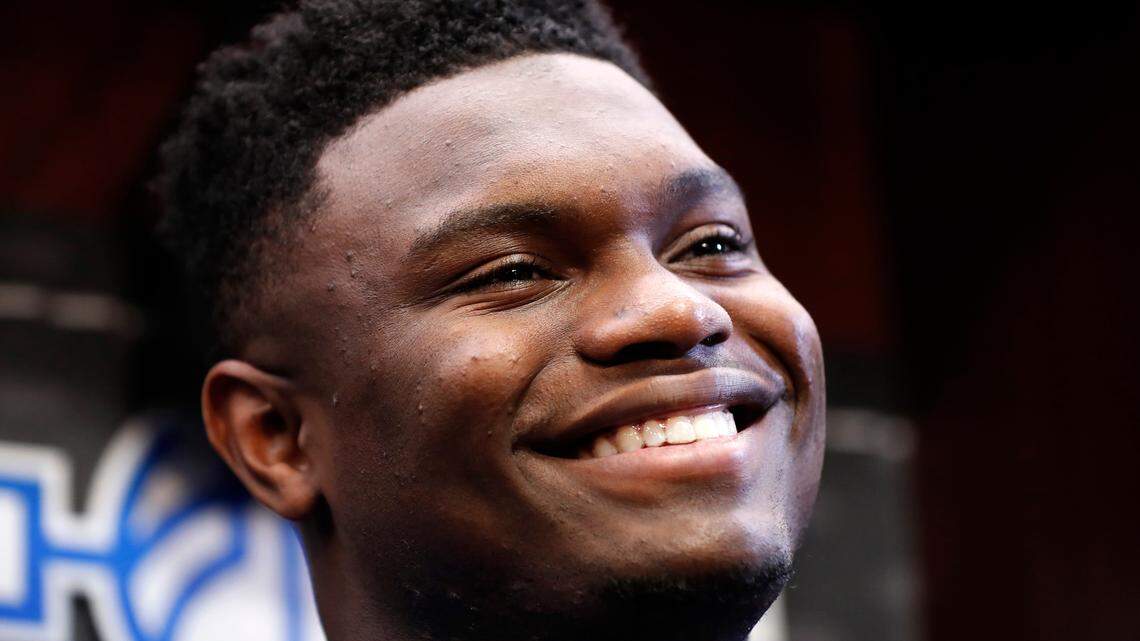Duke’s Zion Williamson (1) smiles during a media availability in the locker room before Duke’s practice in Washington, D.C., Thursday, March 28, 2019. The Blue Devils will face Virginia Tech in a Sweet 16 game in the Division I NCAA Men’s Basketball Tournament Friday.