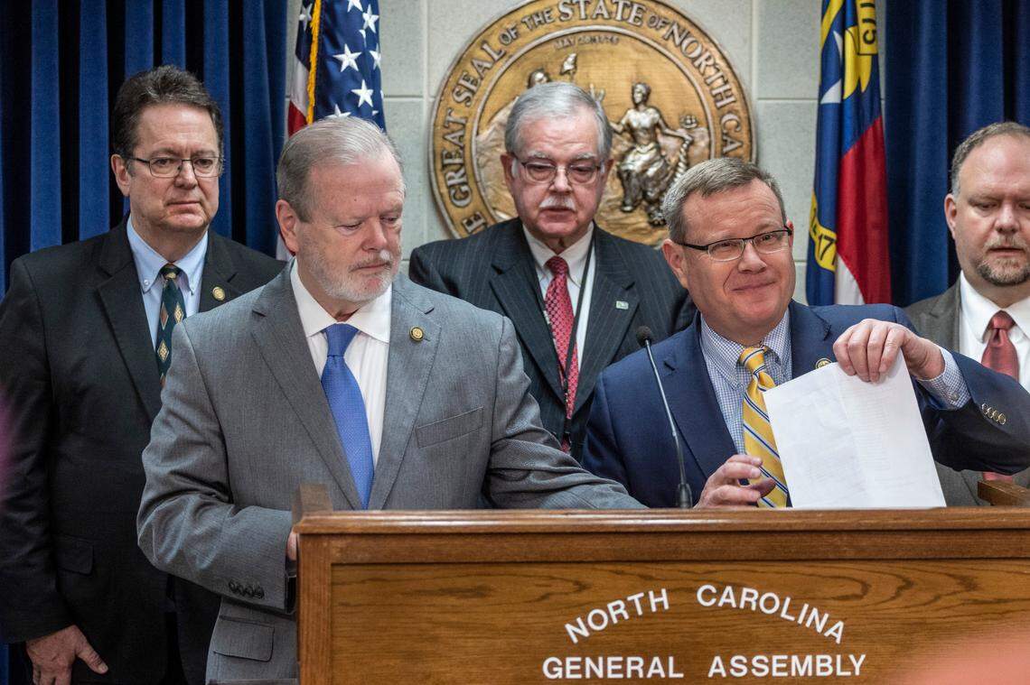 After years of debate, House Speaker Tim Moore and Senate leader Phil Berger announce an agreement to pass Medicaid expansion during a joint news conference at the Legislative Building on Thursday, March 2, 2023.