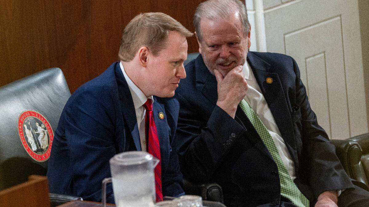 House Speaker Destin Hall, left, and Senate President Pro Tempore Phil Berger, talk before Gov. Josh Stein delivered his State of the State address to a joint session of the General Assembly on Wednesday, March 12, 2025, in the House chamber of the Legislative Building.