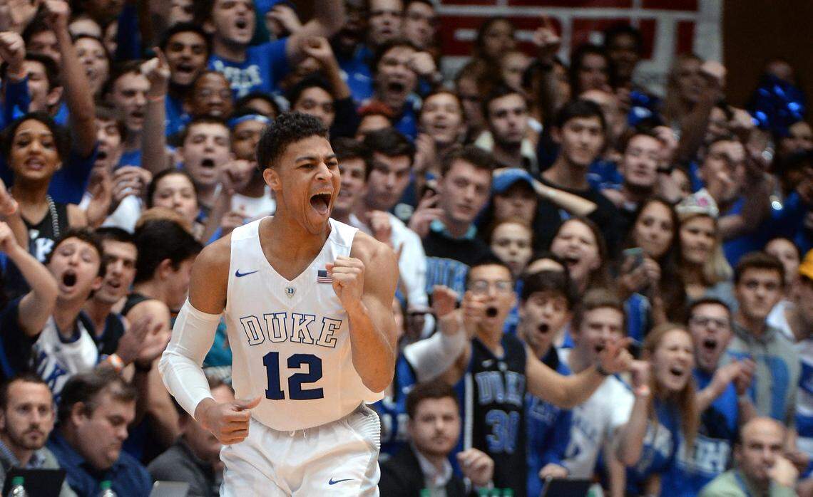Duke guard Derryck Thornton (12) reacts after a Duke basket during the Blue Devils’ victory over Louisville at Cameron Indoor Stadium Monday, February 8, 2016.