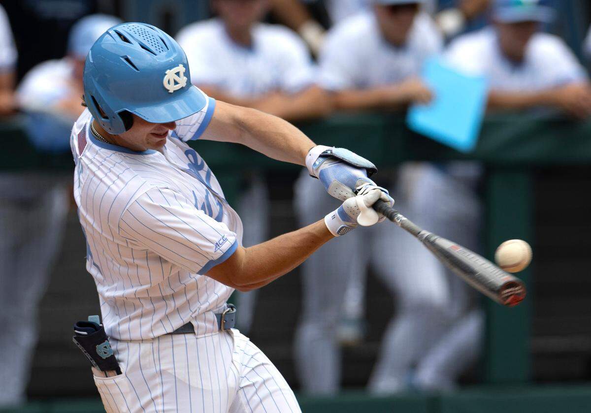 North Carolina’s Sawyer Black (4) connects during UNCÕs 4-0 victory over Holy Cross in the Chapel Hill Regional at Boshamer Stadium in Chapel Hill on Friday, May 30, 2025.