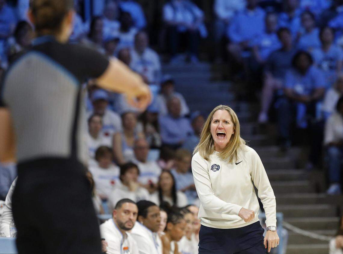 North Carolina head coach Courtney Banghart speaks with an official during the second half of the Tar Heels’ 74-69 win over Duke on Sunday, March 1, 2026, at Carmichael Arena in Chapel Hill, N.C.