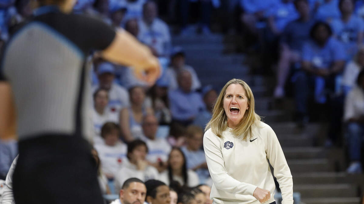 North Carolina head coach Courtney Banghart speaks with an official during the second half of the Tar Heels’ 74-69 win over Duke on Sunday, March 1, 2026, at Carmichael Arena in Chapel Hill, N.C.