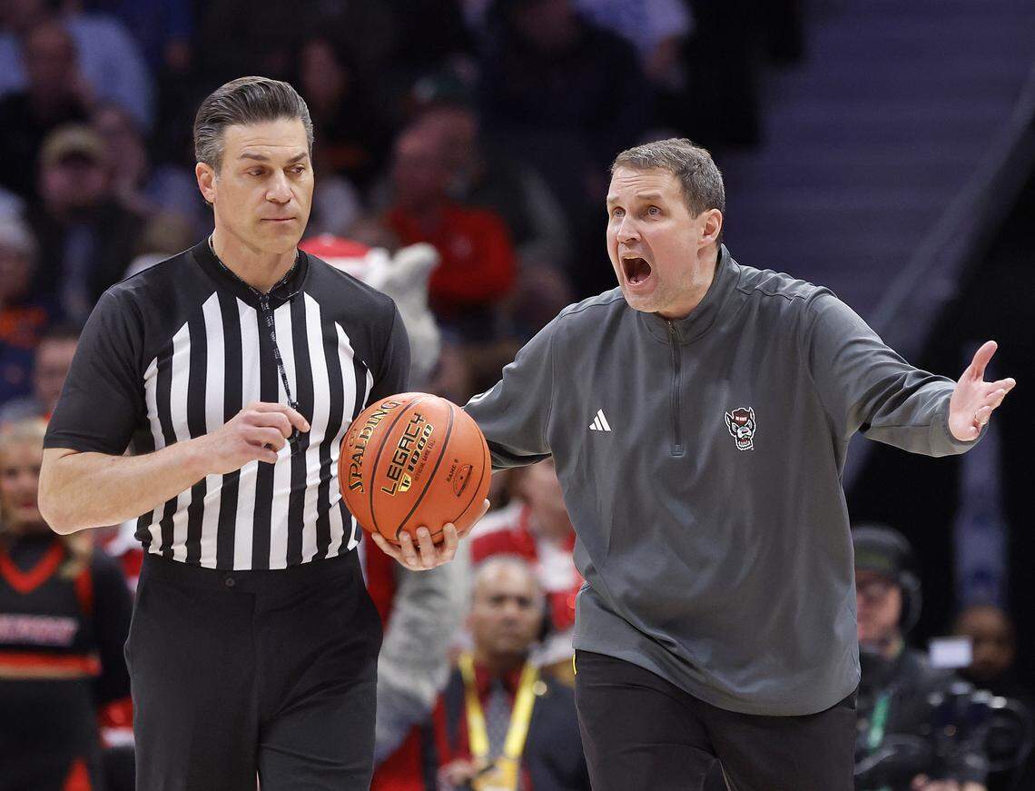 N.C. State head coach Will Wade protests a call by an official during the second half of the Wolfpack’s 81-74 loss to Virginia in the ACC Tournament quarterfinals on Thursday, March 12, 2026, at the Spectrum Center in Charlotte, N.C. 