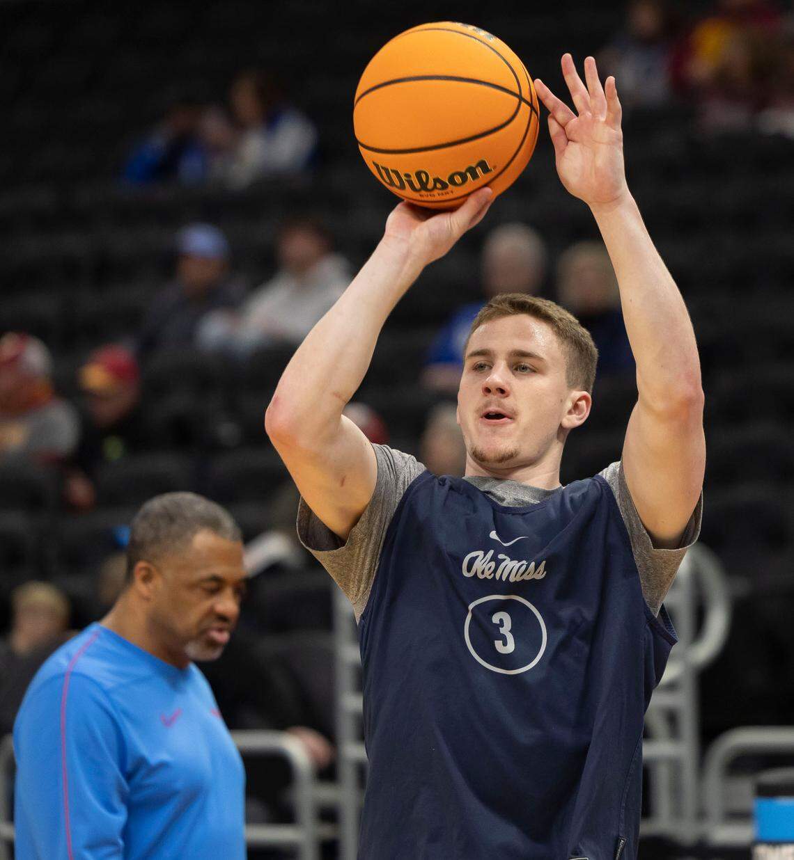 Ole Miss guard Sean Pedulla (3), a transfer from Virginia Tech, works on his three-point shot as the Rebels prepare to face North Carolina in the first round of the NCAA Tournament on Thursday, March 20, 2025 at Fiserv Forum in Milwaukee, Wisconsin.