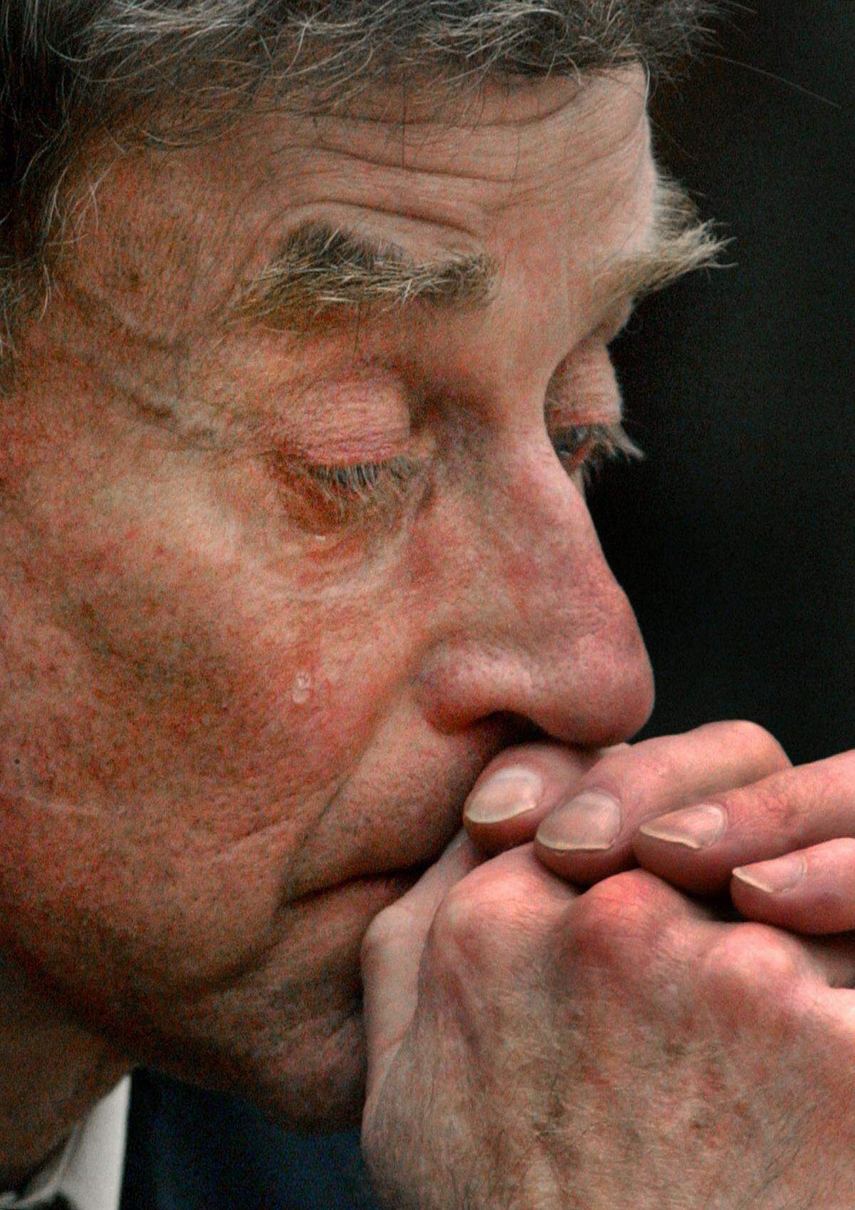 A tear rolls down Michael Peterson’s cheek during his bond hearing in Durham Monday afternoon as Donna Clement, a friend and co-worker of Kathleen Peterson, described the loving relationship Peterson had with his wife Kathleen who he is accused of killing in December.