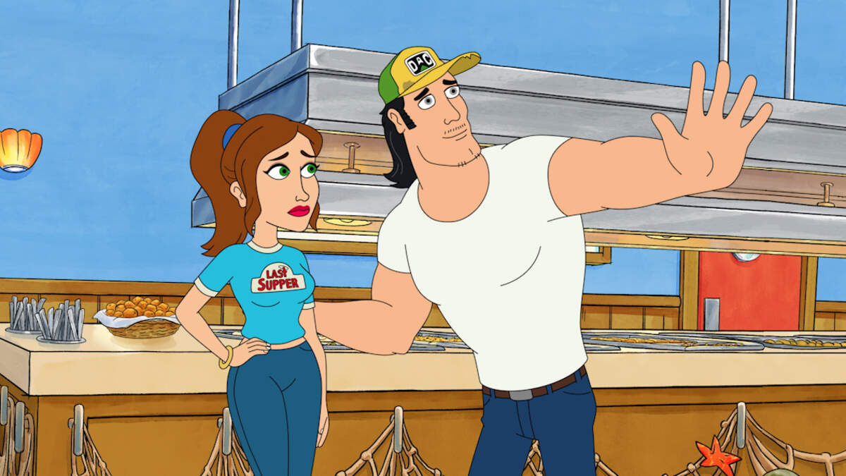 Wade (voiced by Ike Barinholtz) comforts Jenny (Kristin Wiig), when a new chain restaurant opens in Greenpoint, NC, and threatens her job at The Last Supper seafood buffet, in Season 2 of “Bless the Harts.”