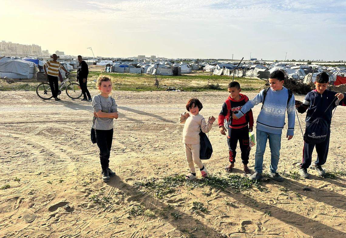 Palestinian children live in tents, exposed to the weather, pests, war and famine in Gaza, where war has raged since an Oct. 7, 2023, attack led by Hamas that killed over 1,200 people in Israel.