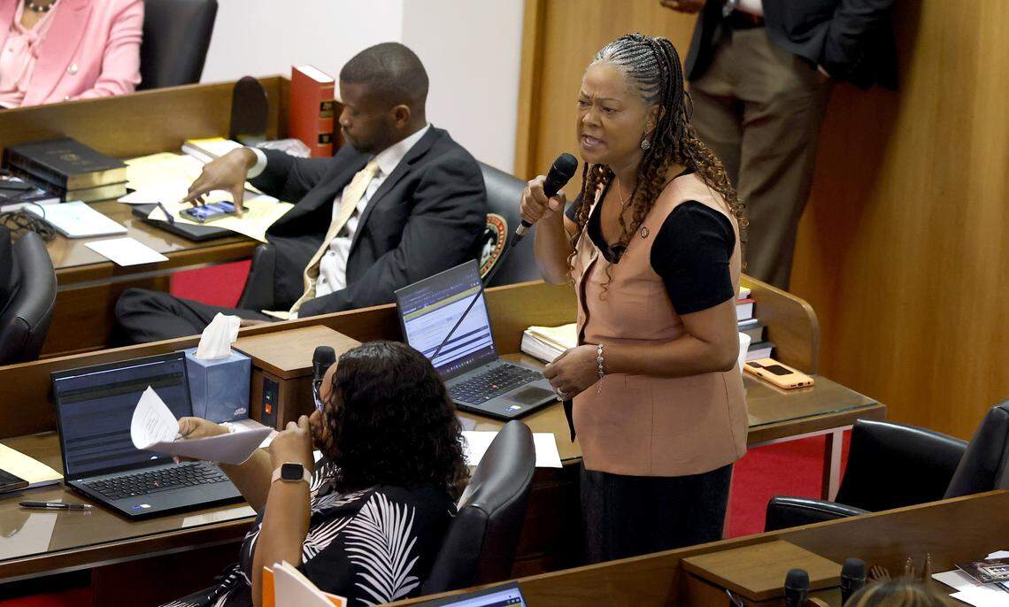Rep. Carla Cunningham (D) speaks in favor of overriding the governor’s veto of HB 318 during the N.C. House session at the Legislative Building in Raleigh, N.C., Tuesday, July 29, 2025.