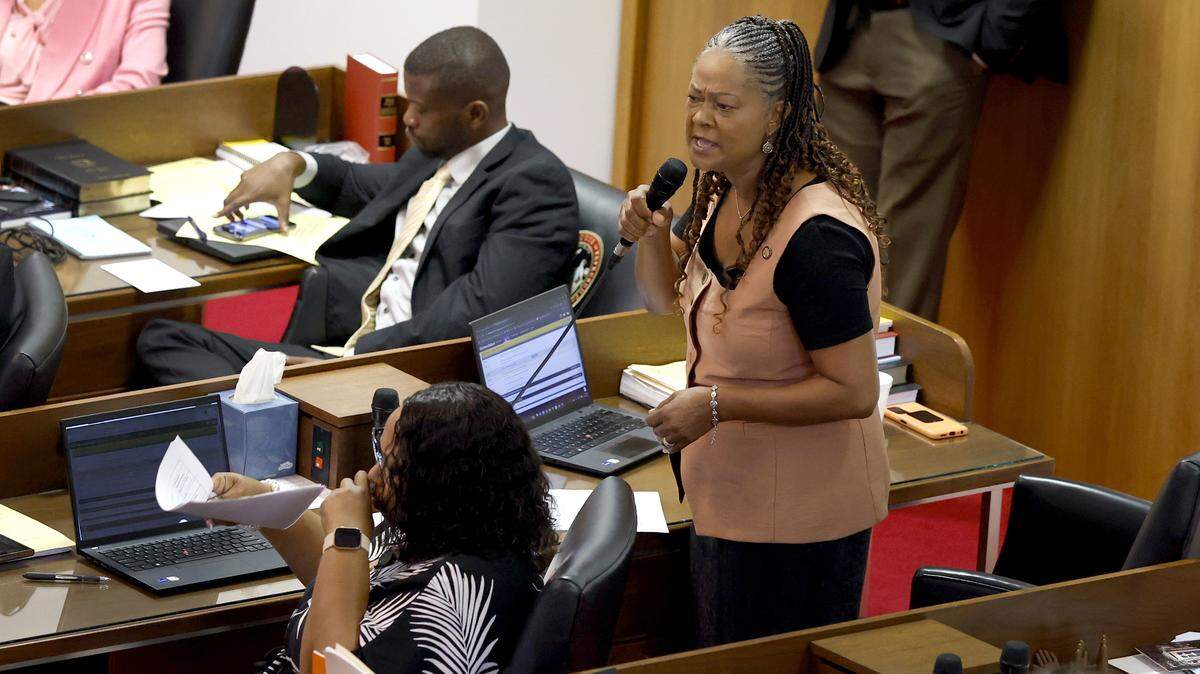Rep. Carla Cunningham (D) speaks in favor of overriding the governor’s veto of HB 318 during the N.C. House session at the Legislative Building in Raleigh, N.C., Tuesday, July 29, 2025.