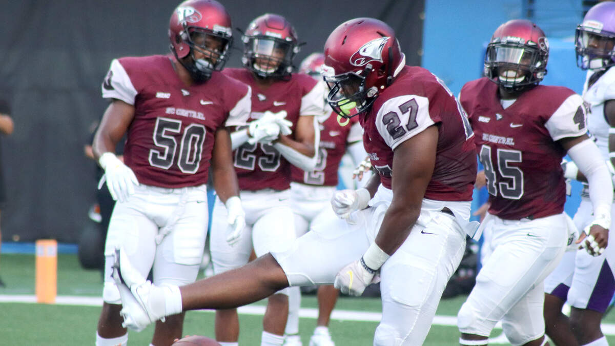 North Carolina Central University’s Colby Warrior (27) celebrates a stop during NCCU’s 23-14 victory over Alcorn State in the MEAC/SWAC Challenge in Atlanta on Saturday.