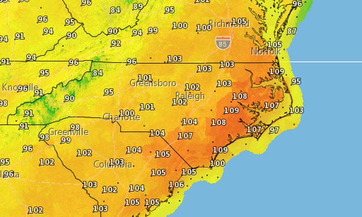 A forecast map showing the expected heat index values for Virginia, North Carolina and South Carolina at 3 p.m. on Tuesday, June 19, 2018.