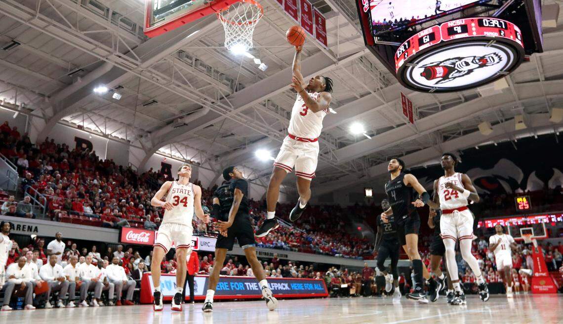 N.C. State’s MJ Rice (3) heads to slam in two during N.C. State’s 93-61 victory over Maryland Eastern Shore at Reynolds Coliseum in Raleigh, N.C., Wednesday, Dec. 6, 2023.