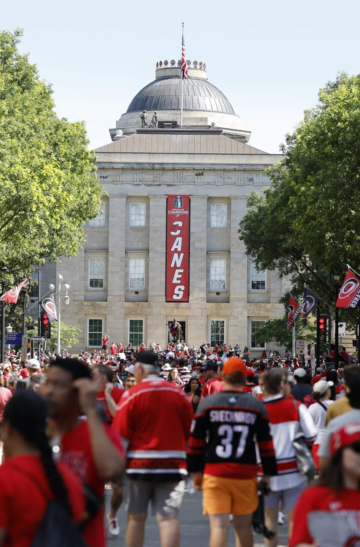 Crowds pack Fayetteville St. before a parade and rally for the Carolina Hurricanes in downtown Raleigh Saturday, June 20, 2026.