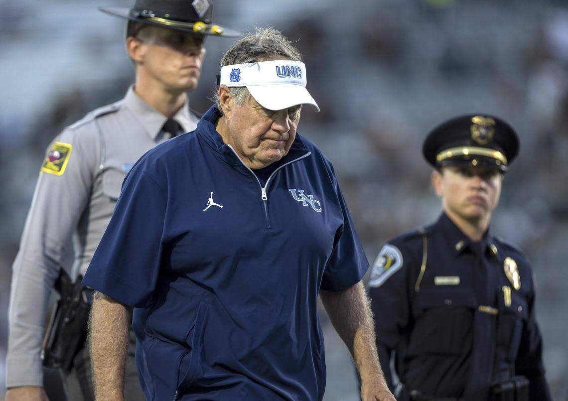 North Carolina coach Bill Belichick leaves the field following the Tar Heels’ 34-9 loss to UCF on Saturday, September 20, 2025 at Acrisure Bounce House Stadium in Orlando, Fla.