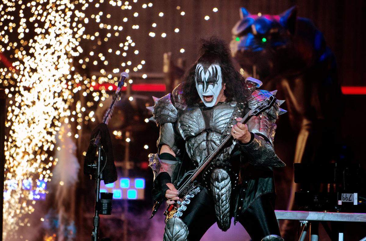 Gene Simmons is surrounded by a spray of pyro as KISS opens with “Detroit Rock City” on the End of the Road World Tour stop at Raleigh, N.C.’s Coastal Credit Union Music Park at Walnut Creek, Tuesday night, May 17, 2022.