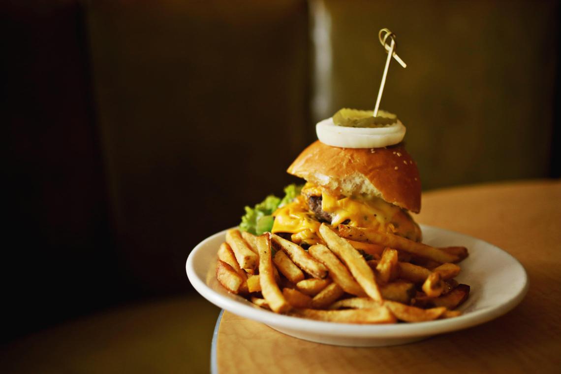 The Mecca’s Double Glo burger is an old school diner-style burger that is made with beef from the Angus Barn.