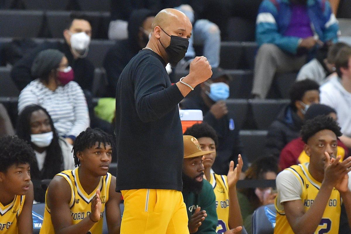 Word of God Head Coach Byron Williams reacts to a play during the second half of their game against Southern California Academy. The Word of God Holy Rams and the Southern California Academy Rams met in the John Wall Holiday Classic in Raleigh, N.C. on December 30, 2021