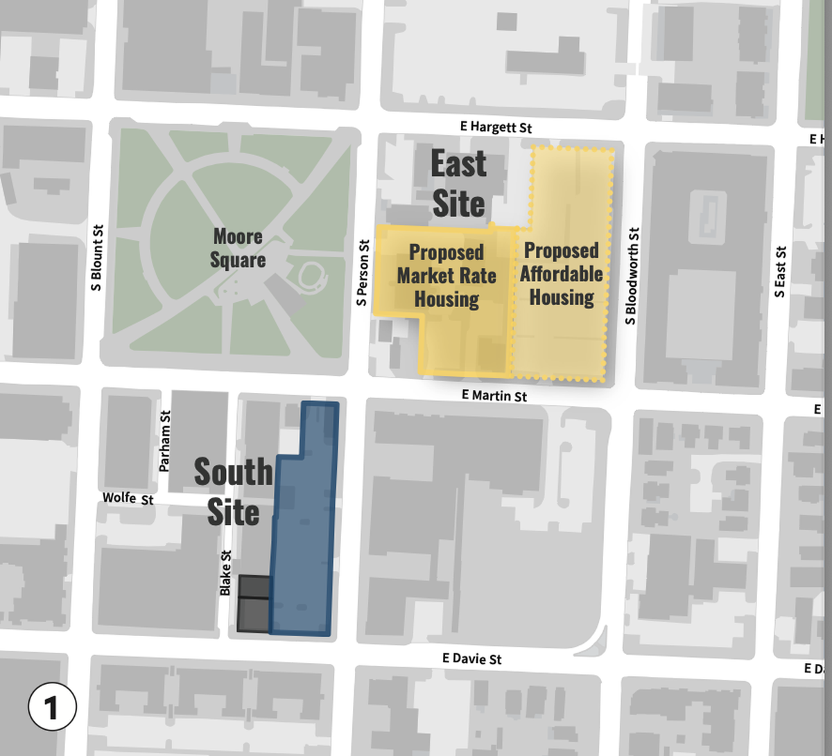 A map of the east and south sites adjacent to Raleigh’s Moore Square, which are being primed for redevelopment.