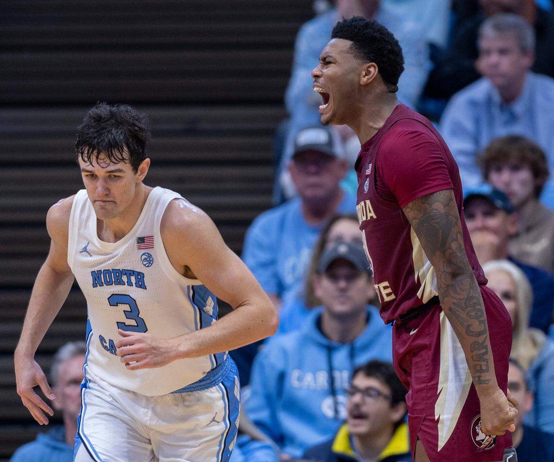 Florida State’s Cam’Ron Fletcher (21) reacts after sinking a basket to give the Seminoles’ a 13 point lead in the second half against North Carolina on Saturday, December 2, 2023 at the Smith Center in Chapel Hill, N.C.