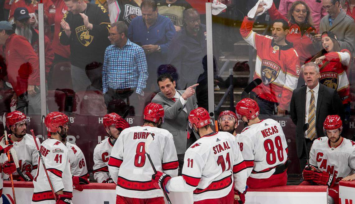 Carolina Hurricanes coach Rod Brind’Amour works with his players as they diagram a play for the final five seconds of play, after the Florida Panthers scored to take a 4-3 lead in Game 4 of the Eastern Conference Finals against the Florida Panthers on Wednesday, May 24, 2023 at FLA Live Arena in Sunrise, Fla.
