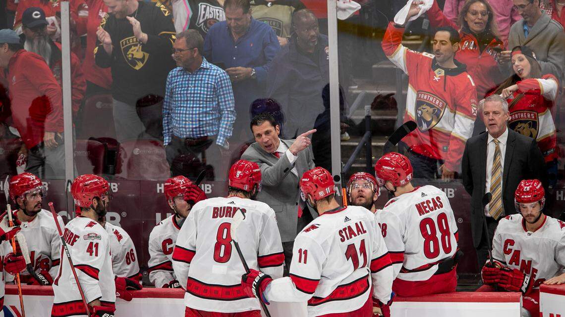Carolina Hurricanes coach Rod Brind’Amour works with his players as they diagram a play for the final five seconds of play, after the Florida Panthers scored to take a 4-3 lead in Game 4 of the Eastern Conference Finals against the Florida Panthers on Wednesday, May 24, 2023 at FLA Live Arena in Sunrise, Fla.