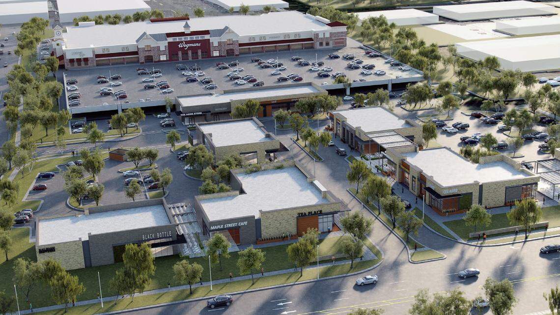 A rendering of Raleigh’s Midtown East shopping center, home of the Triangle’s much anticipated first Wegmans grocery store.