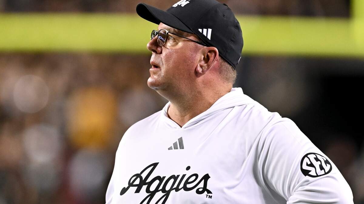Oct 26, 2024; College Station, Texas, USA; Texas A&M Aggies head coach Mike Elko watches the replay in the third quarter against the LSU Tigers at Kyle Field.
