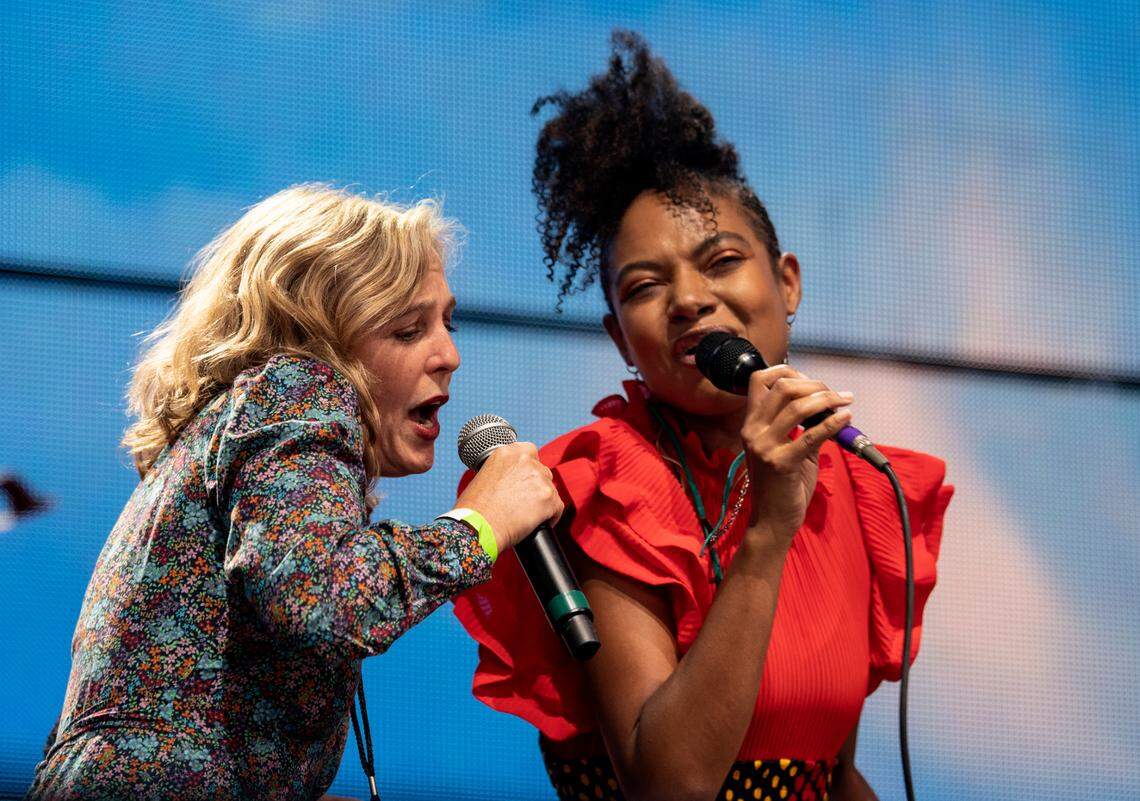 Tift Merritt and Allison Russell perform at Farm Aid at Raleigh, N.C.’s Coastal Credit Union Music Park at Walnut Creek, Saturday, Sept. 24, 2022.