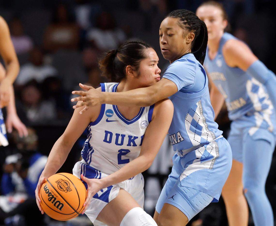 North Carolina’s Grace Townsend pressures Duke’s Vanessa de Jesus during the first half of the teams’ NCAA Tournament Sweet 16 matchup at Legacy Arena on Friday, March 28, 2025, in Birmingham, Ala.