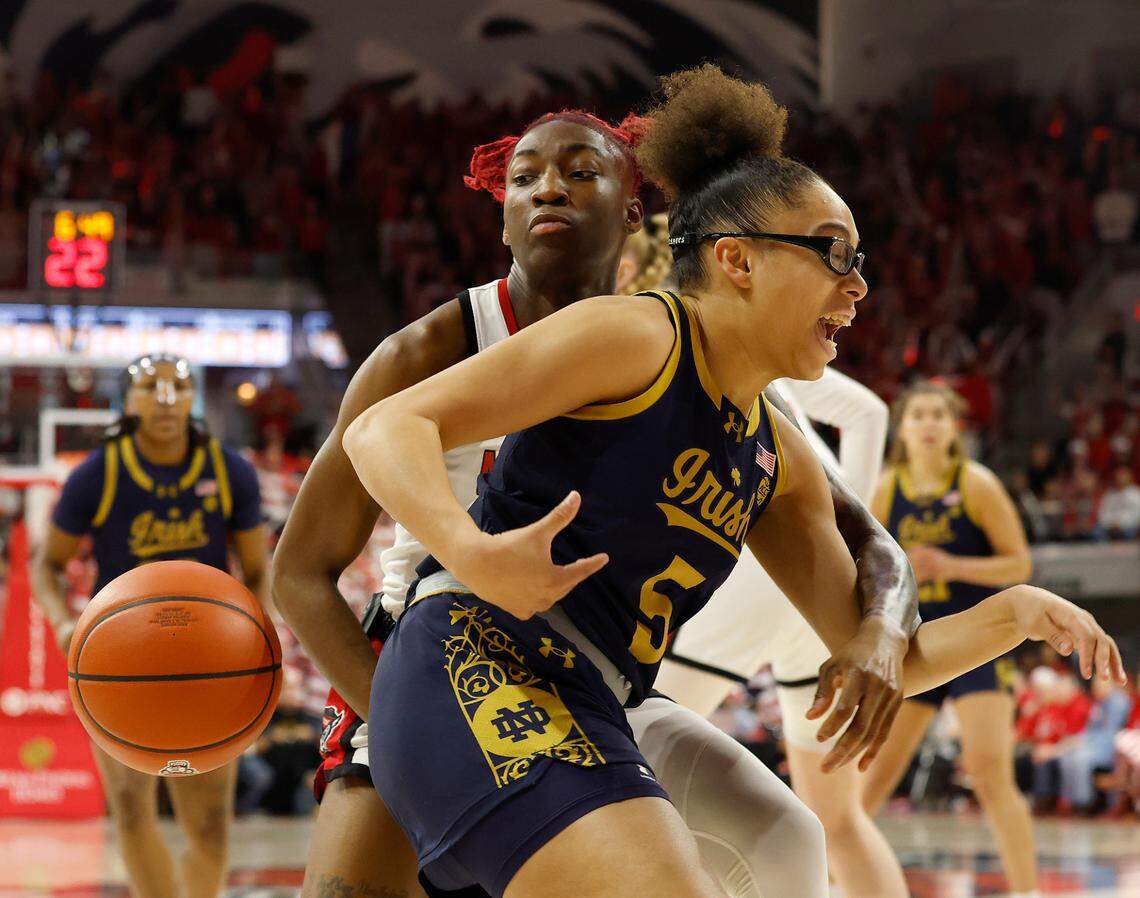 N.C. State’s Saniya Rivers strips the ball from Notre Dame’s Olivia Miles during the first half of the Wolfpack’s game on Sunday, Feb. 23, 2025, at Reynolds Coliseum in Raleigh, N.C.