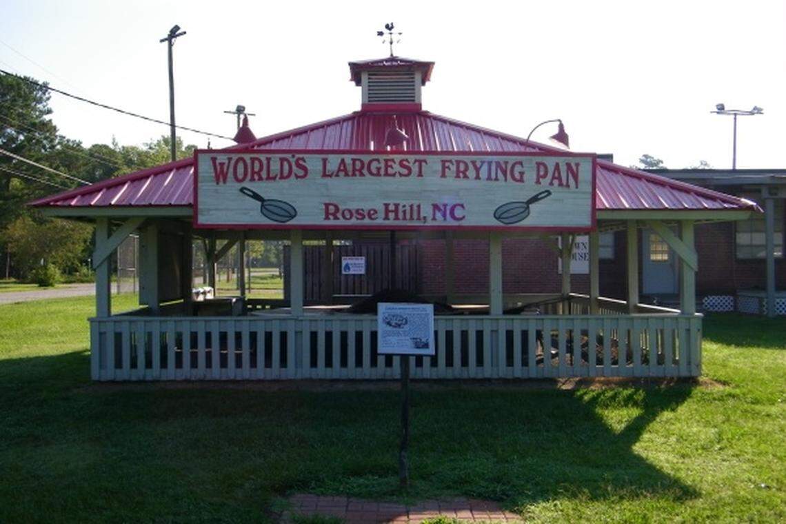 Rose Hill claims to have the World’s Largest Frying Pan, a fully operational gas-fired skillet the town uses to cook chicken during its annual N.C. Poultry Jubilee.