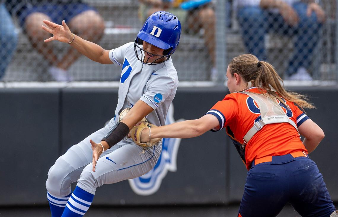 Morgan State catcher Aliso Keener (98) tags Duke’s Aminah Vega (17) out at home in the bottom of the first inning during the NCAA Softball Regional at Duke Softball Stadium on Friday, May 17, 2024 in Durham, N.C.