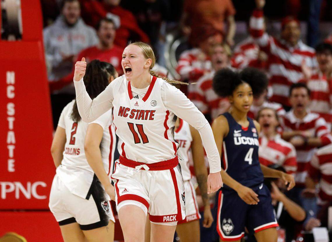 N.C. State’s Maddie Cox reacts after a UConn turnover during the second half of the Wolfpack’s 92-81 win on Sunday, Nov. 12, 2023, at Reynolds Coliseum in Raleigh, N.C.