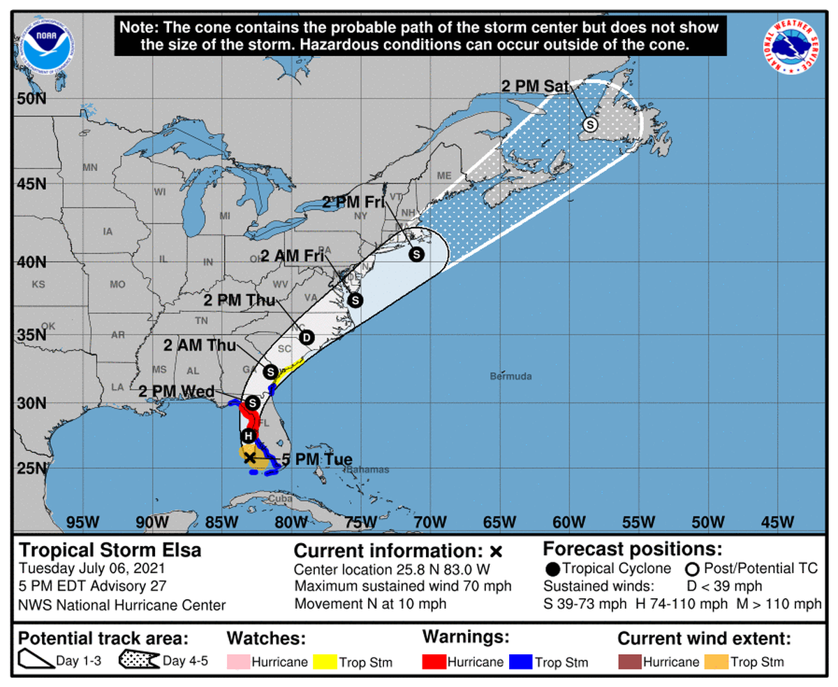 A graphic from the National Hurricane Center shows Tropical Storm Elsa’s projected path as of 5 p.m. Tuesday.