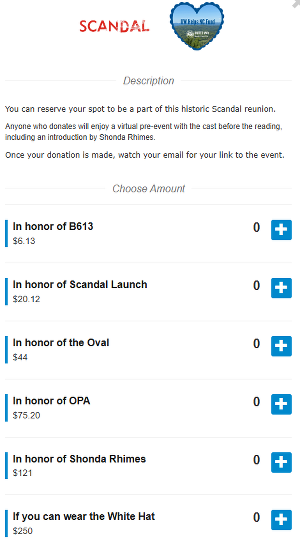 A screenshot of donation options for the “Scandal” cast reunion benefitting United Way of North Carolina.