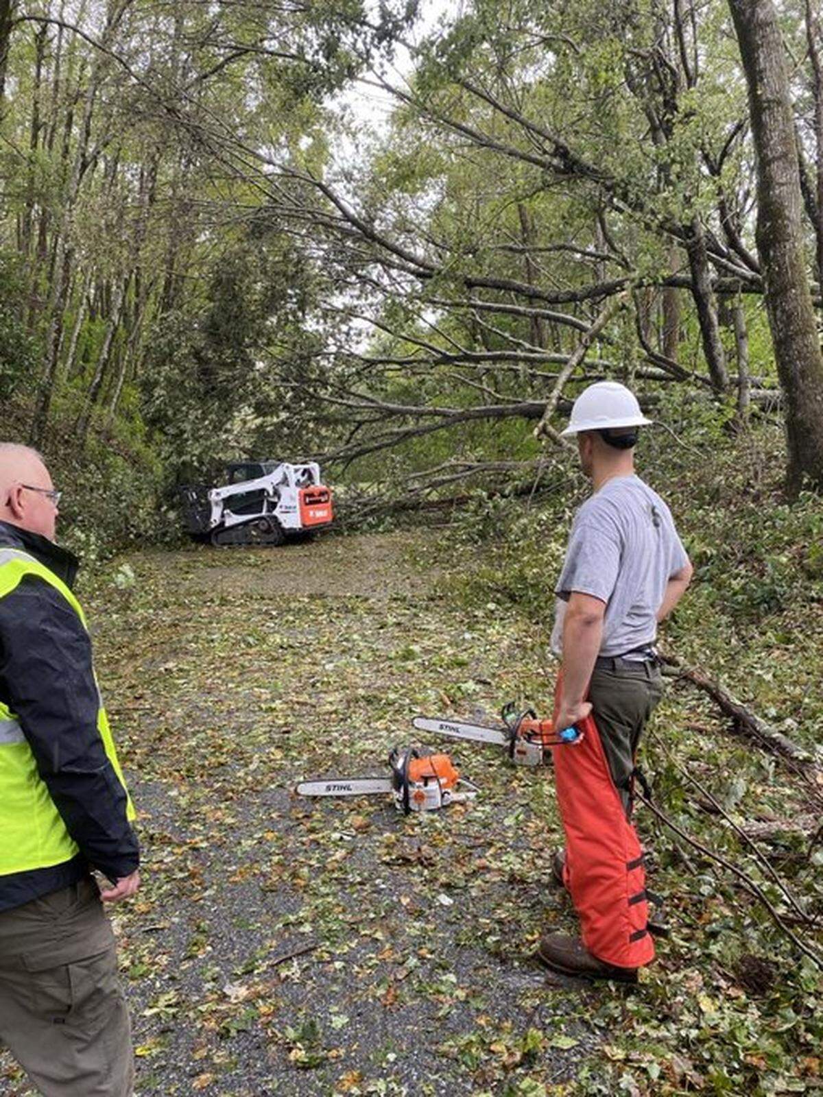 Crews working to clear a section of the Blue Ridge Parkway on Sept. 30, 2024.